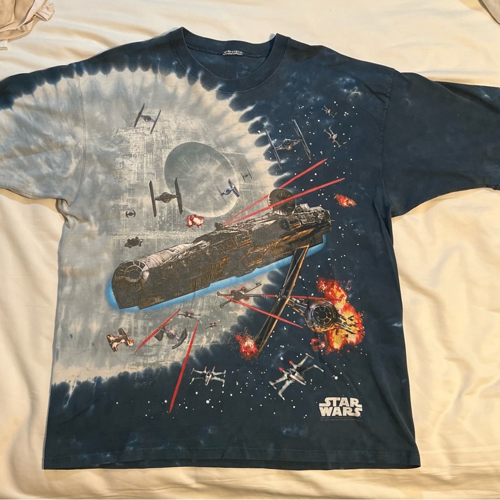 Star Wars AOP T Shirt Death Star Battle vintage Liquid  Blue